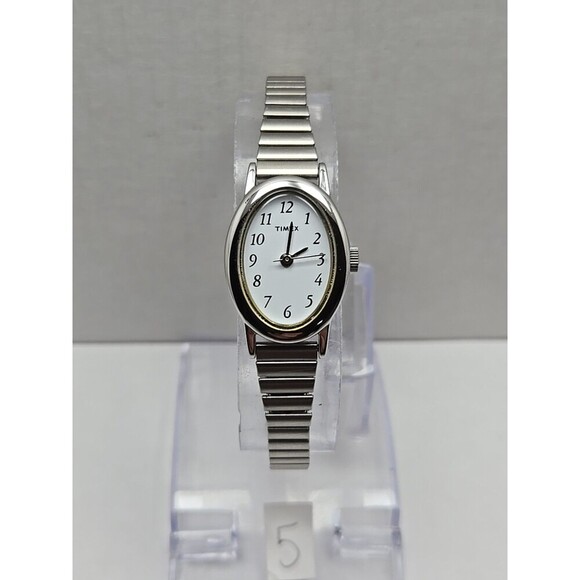 Timex Cavatina Silver Tone Oval Womens Quartz Watch Stretch Band New Battery - Picture 1 of 11